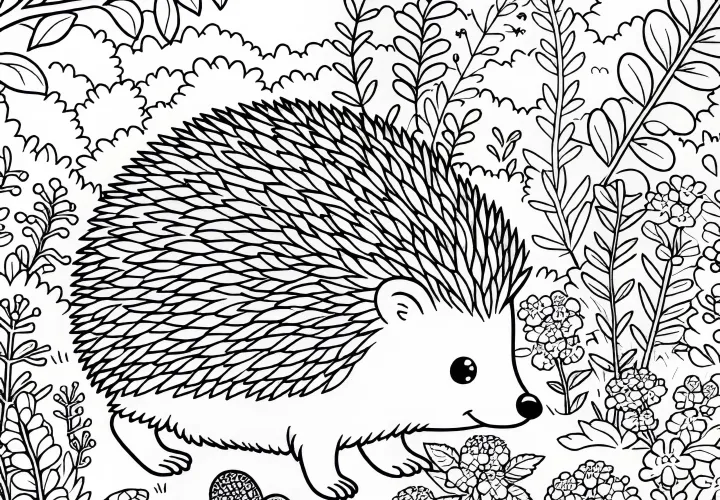 Igel läuft durch Kräutergarten - Ausmalbild kostenlos
