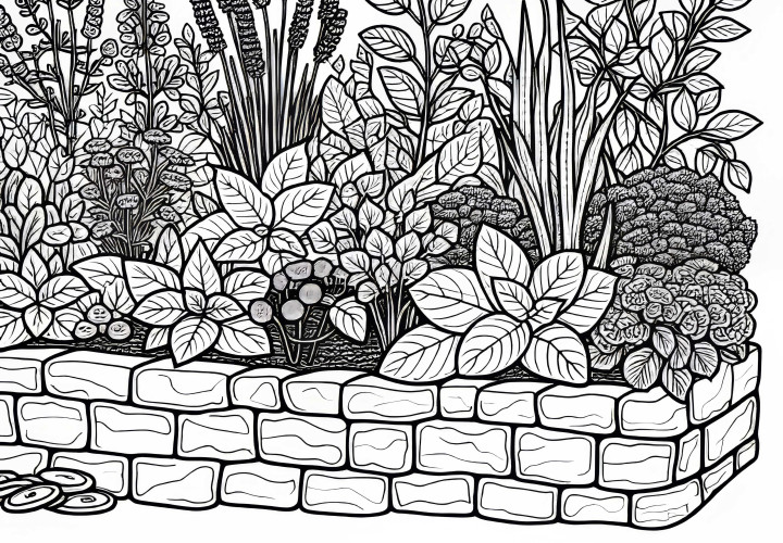 Barvna slika z zeliščnim vrtom in kamenjem za obrobitev za tvoj zeliščni vrt