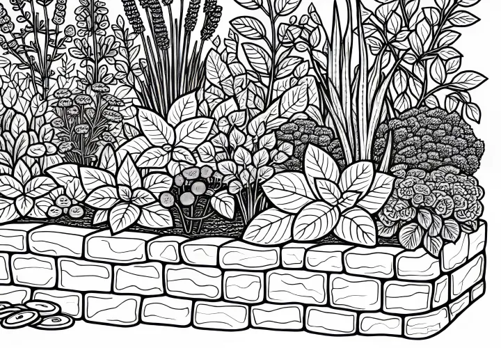 Ausmalbild mit Kräuterbeet und Steinumrandung für deinen Kräutergarten