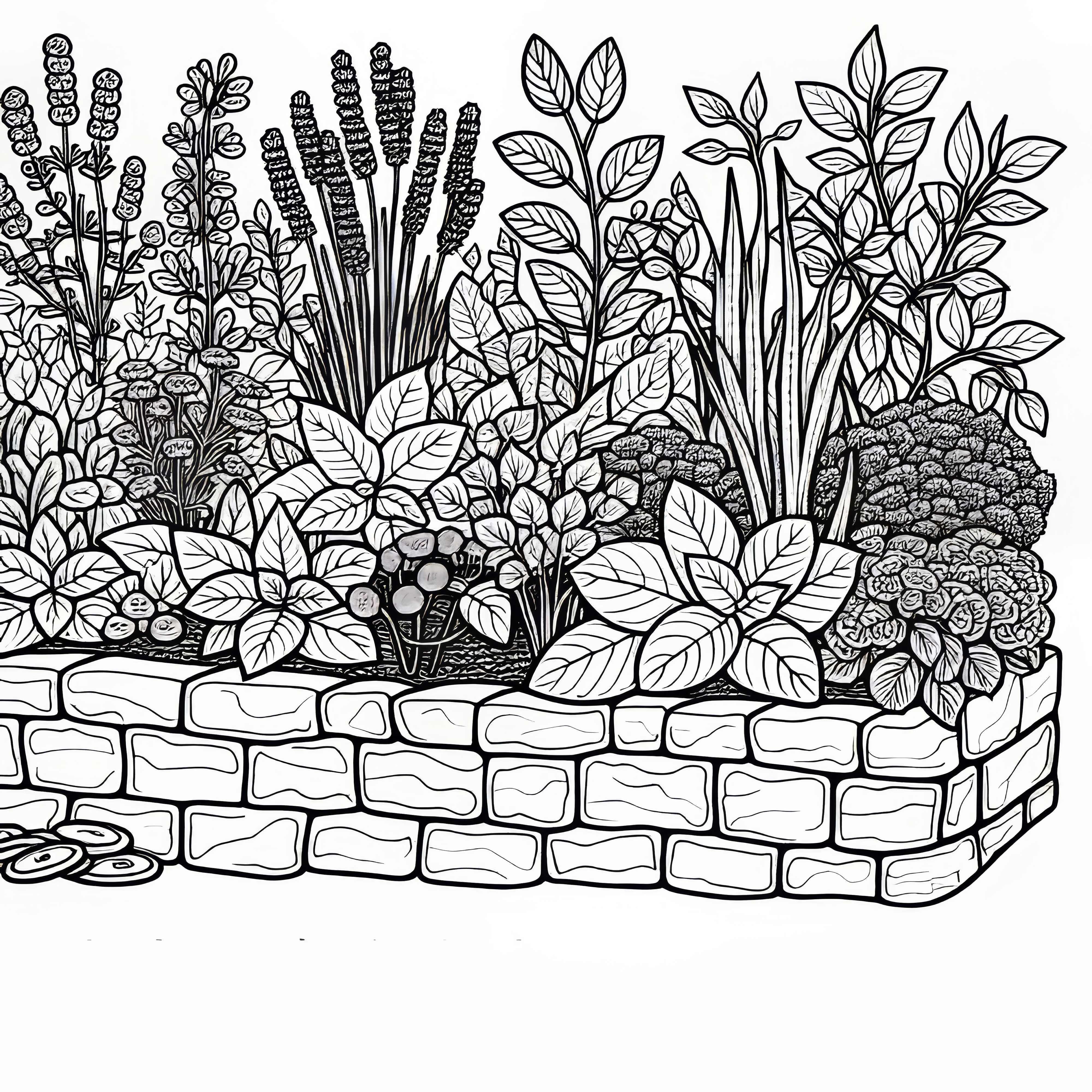 Coloring page with herb garden and stone border for your herb garden