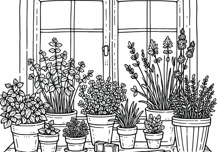 Windowsill avec des pots pleins d'herbes - Dessin à colorier jardin de fines herbes gratuit