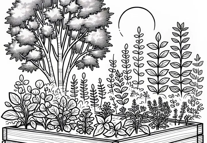 Kräuter wachsen im Hochbeet – Malvorlage für den Kräutergarten kostenlos