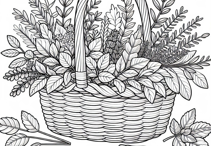 無料のハーブガーデンのための新鮮なハーブのバスケットの塗り絵