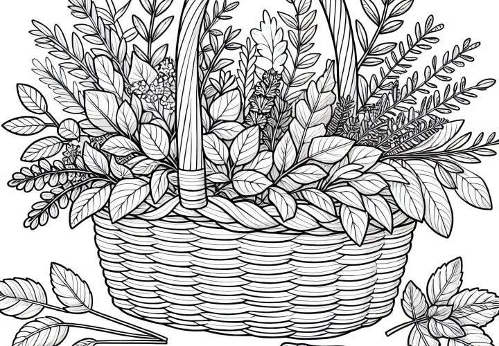 Korb mit frischen Kräutern Malvorlage für den Kräutergarten kostenlos