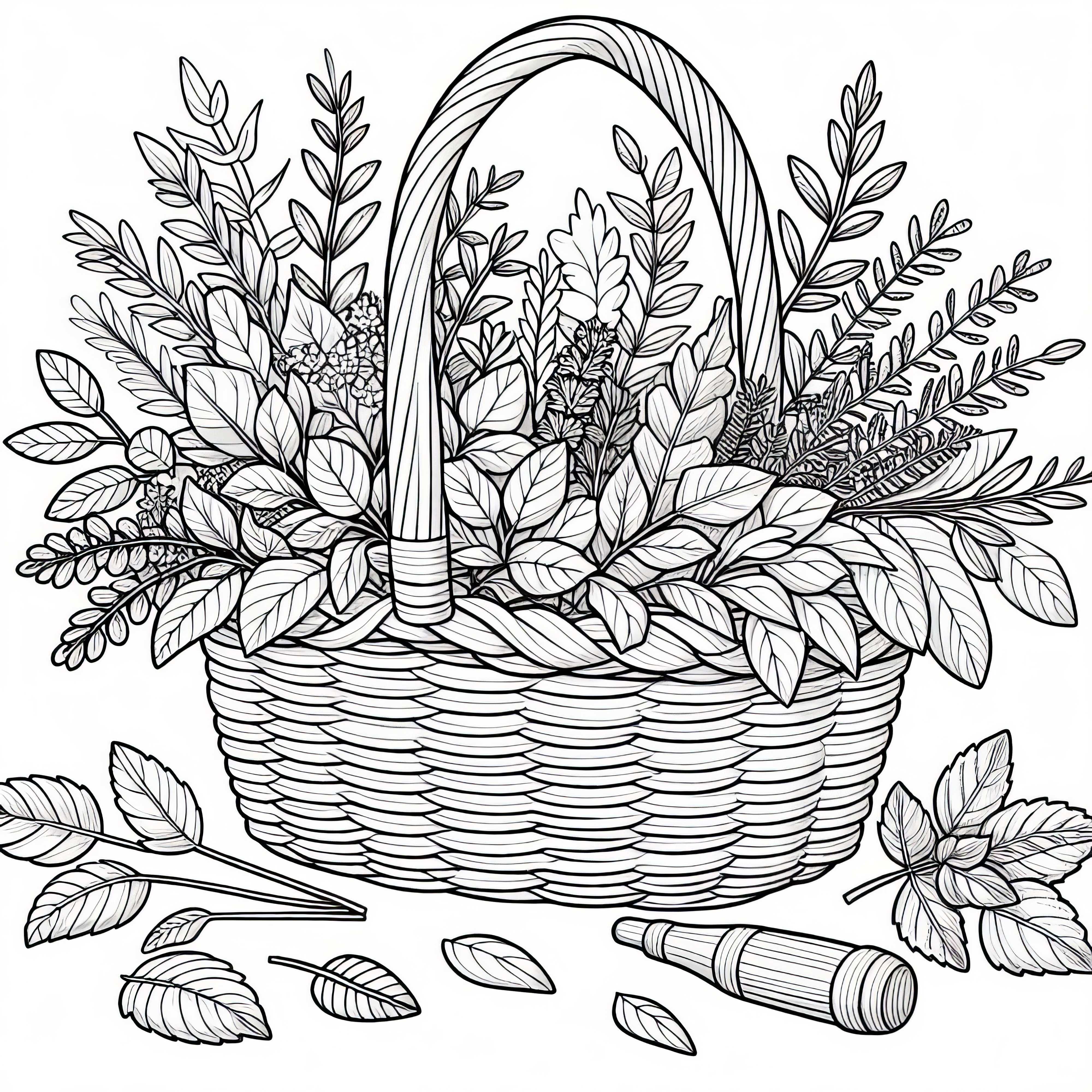 허브 정원을 위한 무료 색칠하기 도안이 있는 신선한 허브 바구니