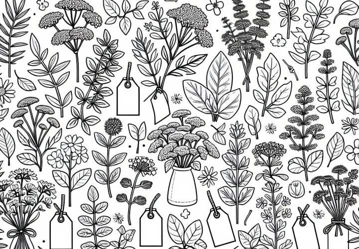 Verschiedene Kräuter mit Schildchen – Malvorlage Kräutergarten gratis