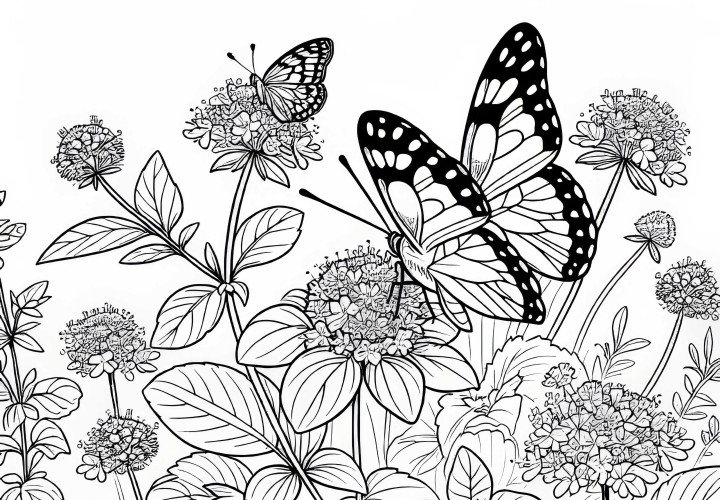 Un papillon est posé sur une fleur de menthe - Télécharger gratuitement un modèle de coloriage pour le jardin d'herbes