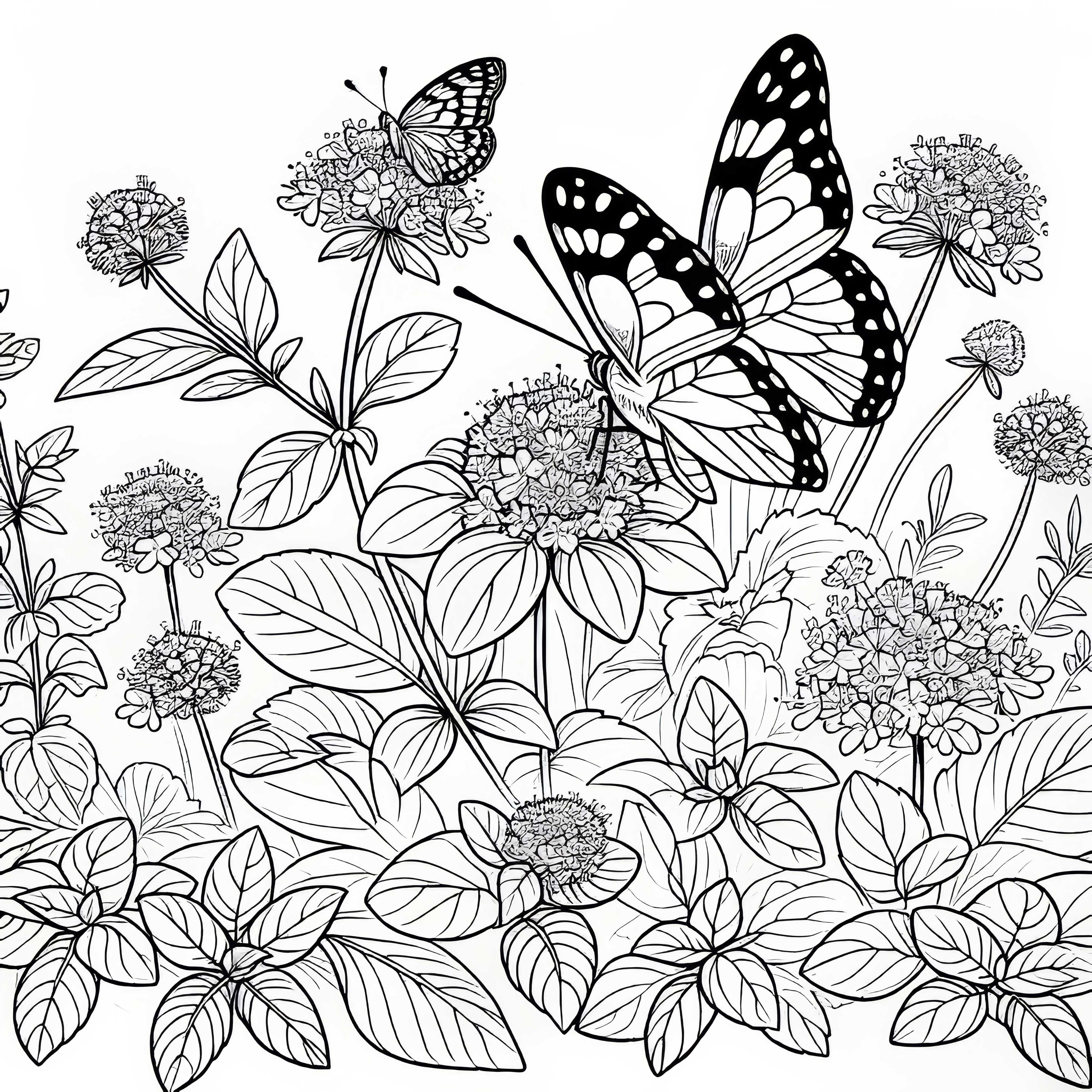 Η πεταλούδα κάθεται σε άνθος μέντας – Δωρεάν λήψη σχεδίου χρωματισμού για τον κήπο βοτάνων