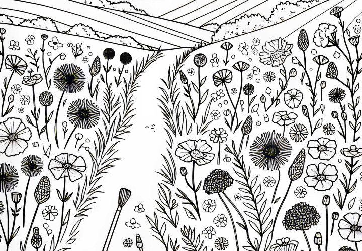 Little Path Through a Field Full of Wildflowers – Free Coloring Page