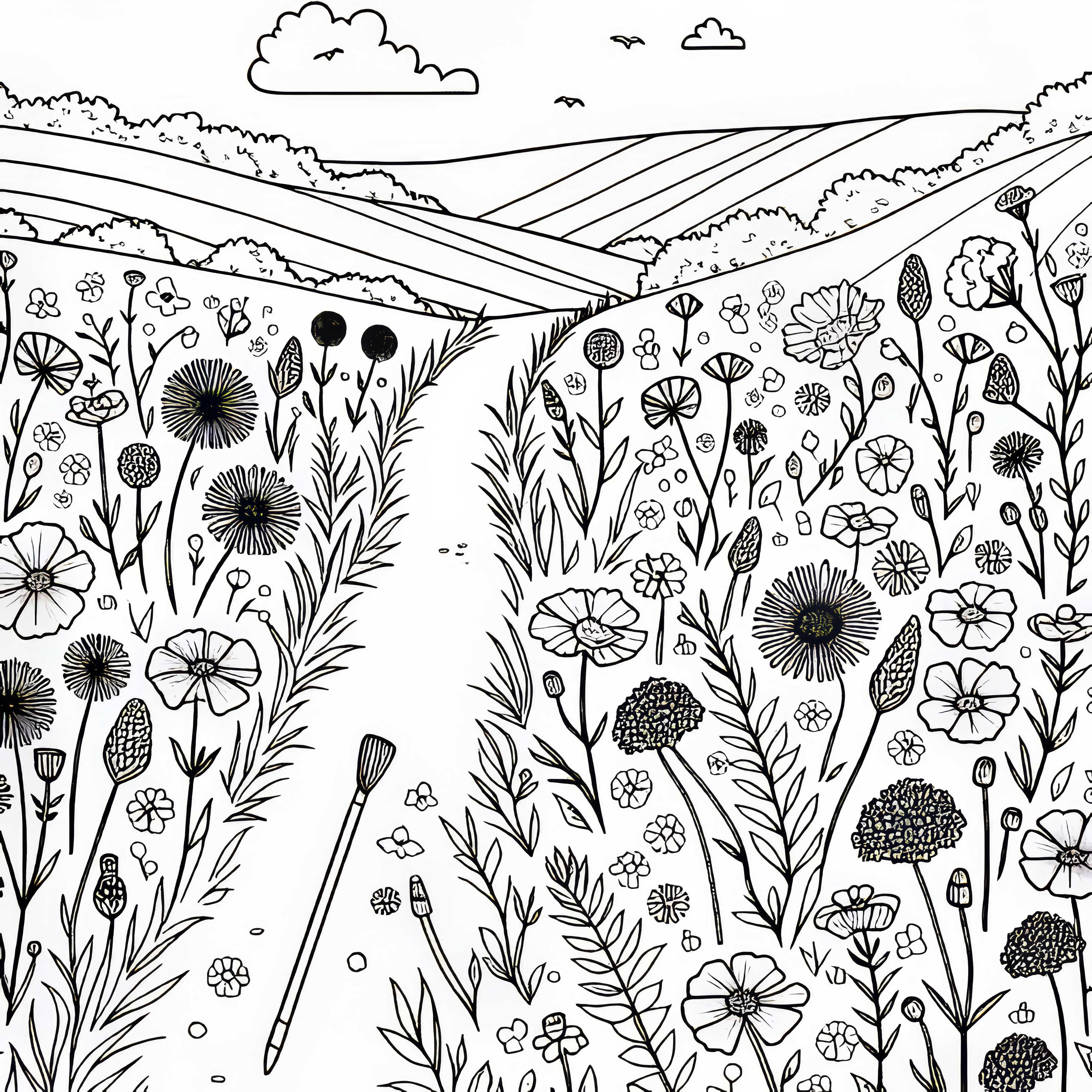 Small Path Through a Field Full of Wildflowers – Free Coloring Page Small Path Through a Field Full of Wildflowers – Free Coloring Page