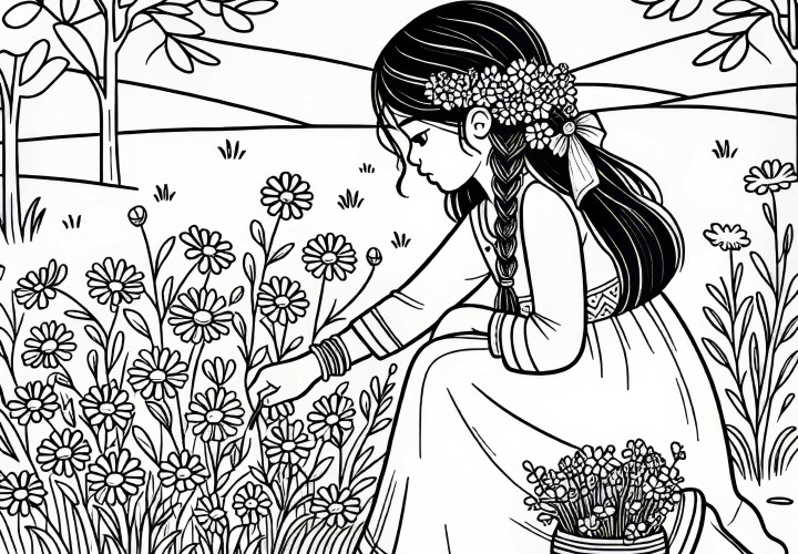 子供が野の花を畑の縁で摘んでいる – 無料でダウンロードできる塗り絵