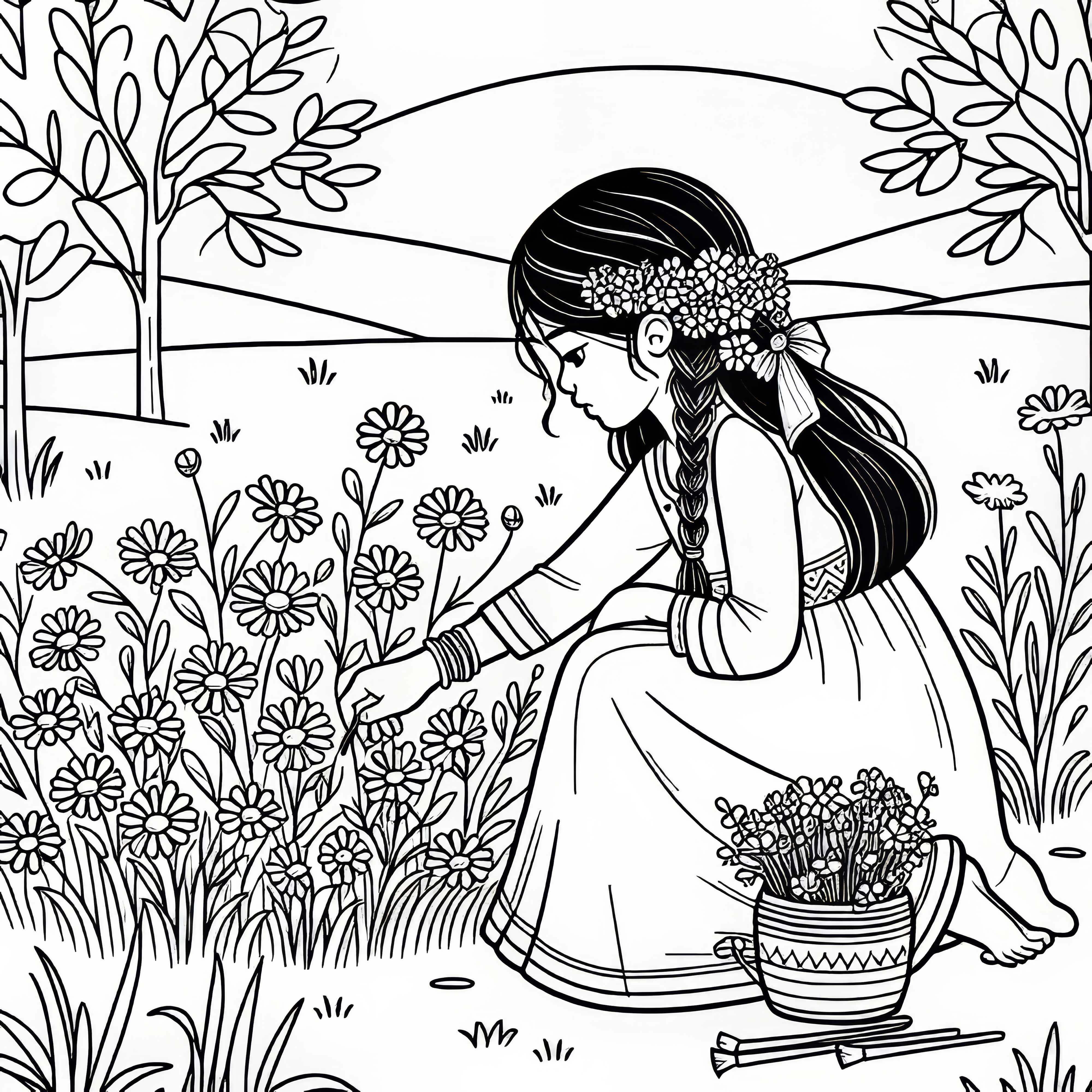 Çocuk, tarla kenarında yaban çiçekleri topluyor - Ücretsiz boyama resmi indir Çocuk, tarlanın kenarında, dağ çiçeklerini topluyor - Ücretsiz boyama resmi indirin