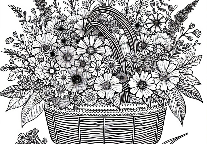 Basket with freshly picked wildflowers - Free coloring page