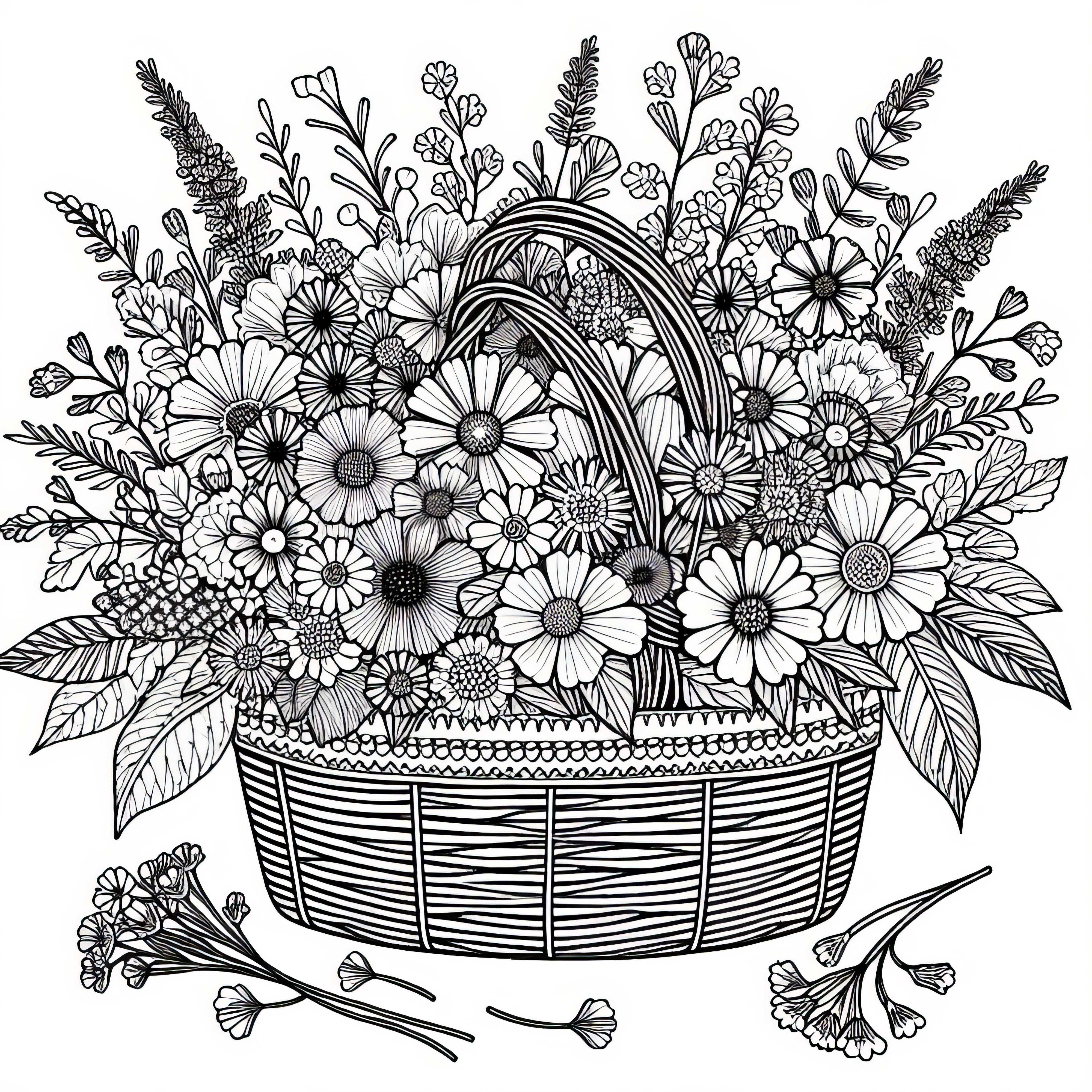 Koš s čerstvě natrhanými divokými květinami - omalovánka zdarma Košík s čerstvě natrhanými divokými květinami - omalovánka zdarma