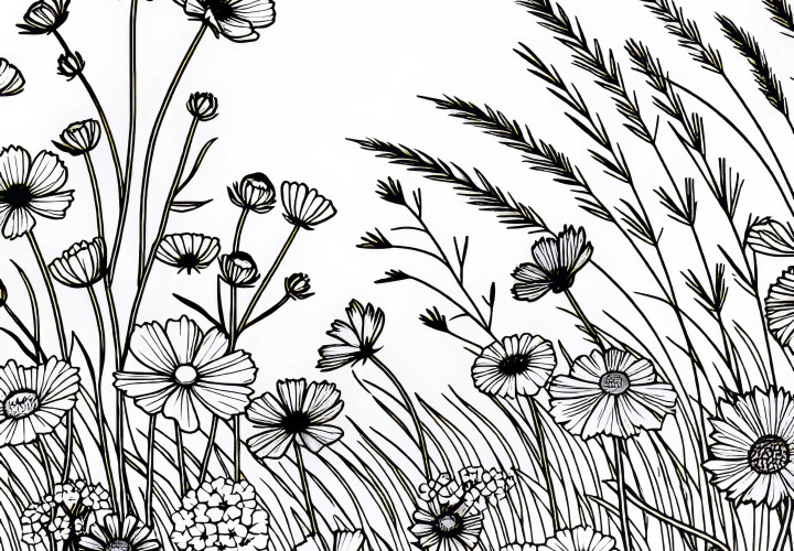 Meadow with various wildflower species in the wind - free coloring page