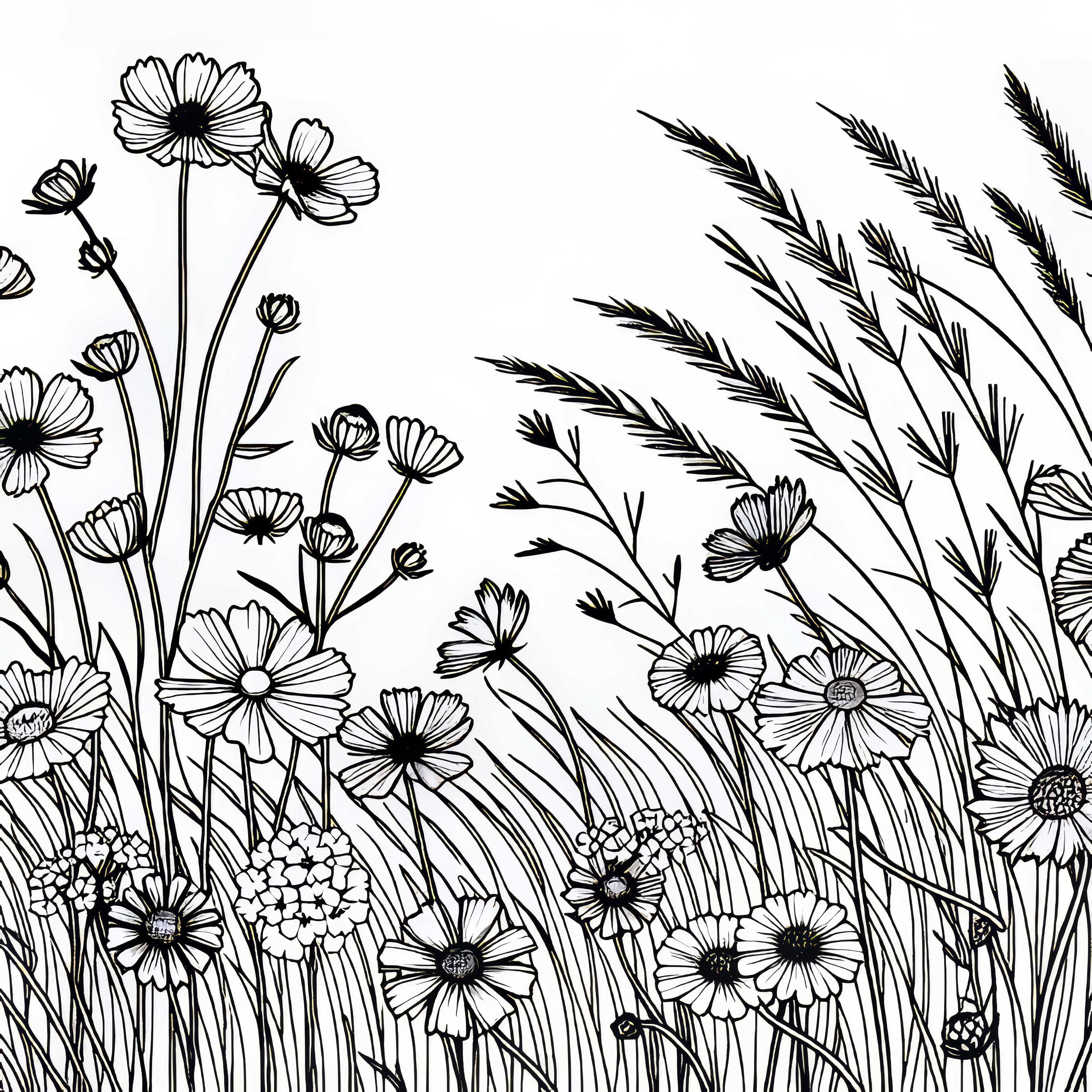 Meadow with various wildflower species in the wind - free coloring page Meadow with various wildflower species in the wind - free coloring page
