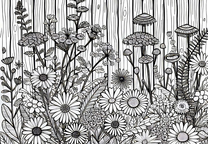 Wildflowers Grow on the Wooden Fence – Free Coloring Page