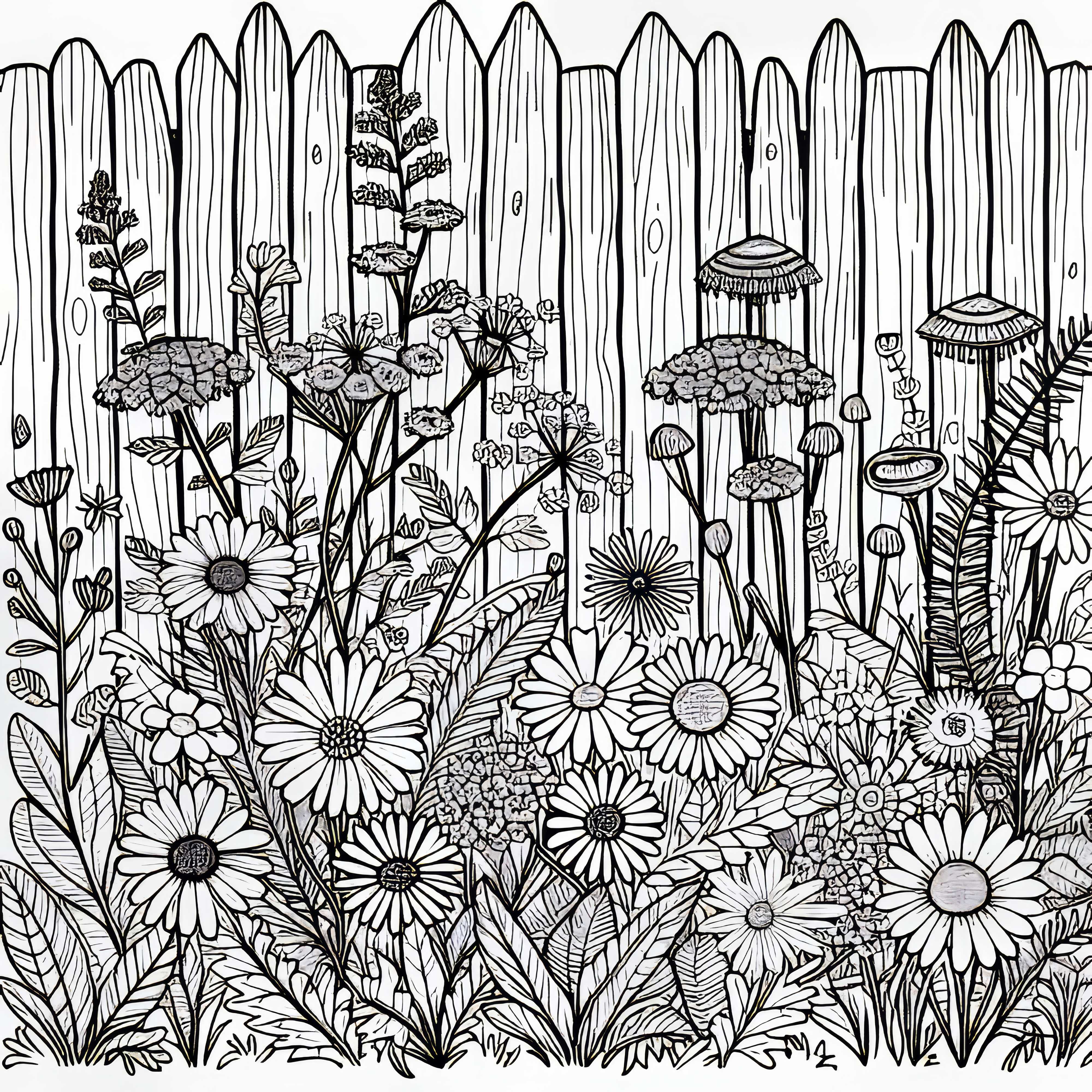 木のフェンスに咲く野生の花 - 無料塗り絵 木のフェンスに咲く野草 - 無料塗り絵