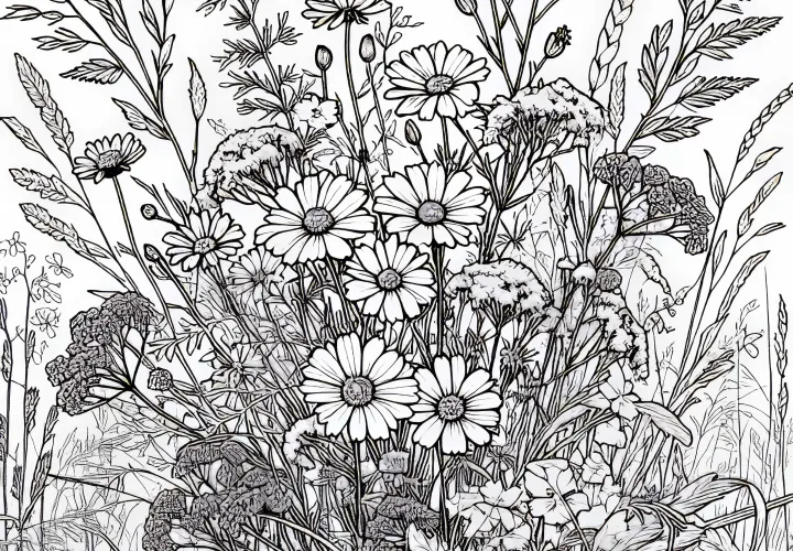 Divoké květiny kvetou mezi trávami – omalovánka zdarma