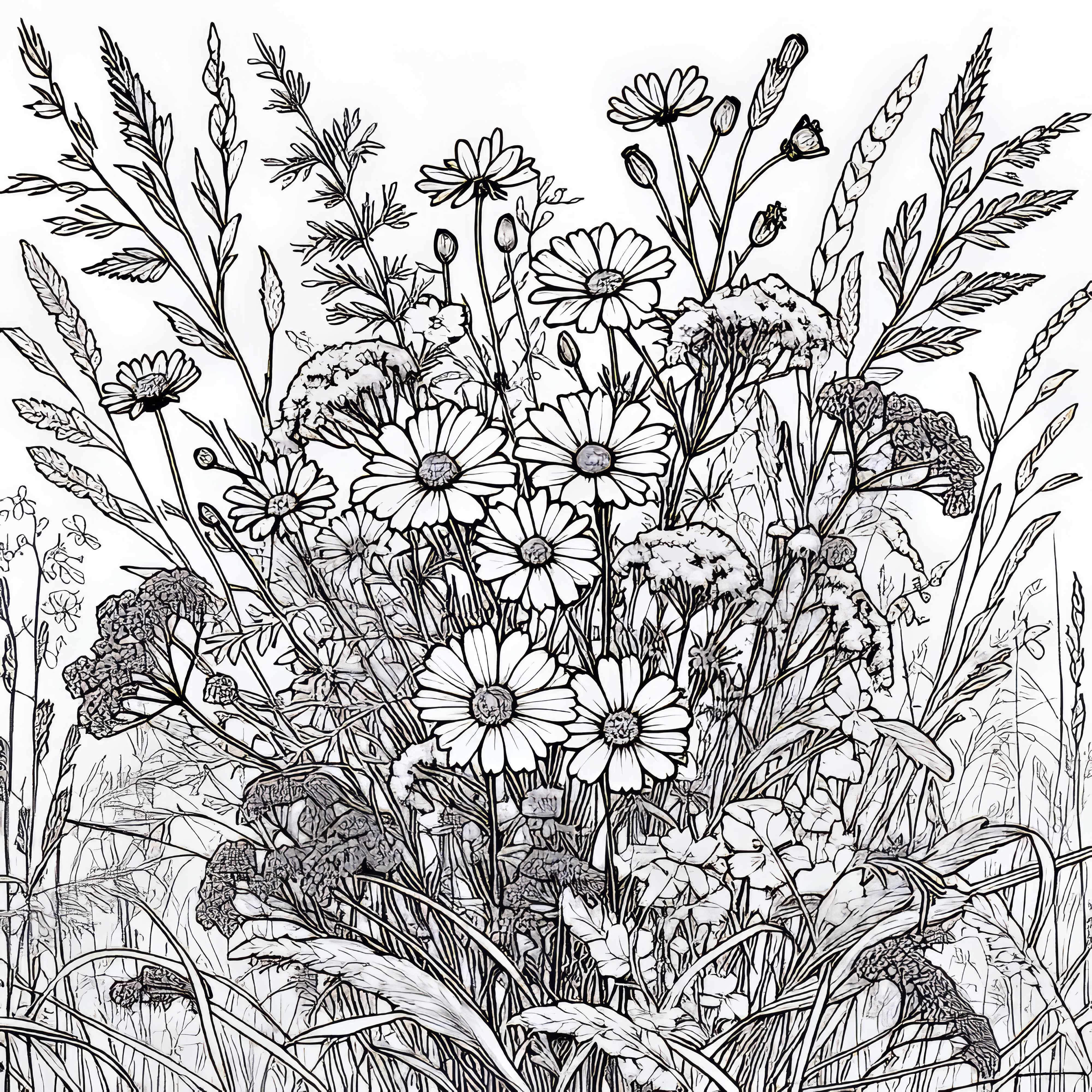 Çiçekler otların arasında açıyor - Ücretsiz boyama kitabı