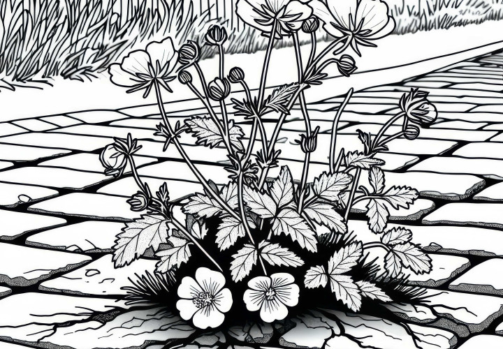 A single wildflower grows through the pavement of a street – free coloring page