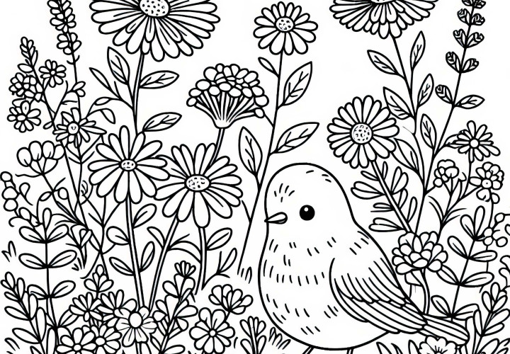 Bird sitting among wildflowers on the ground – Free coloring page
