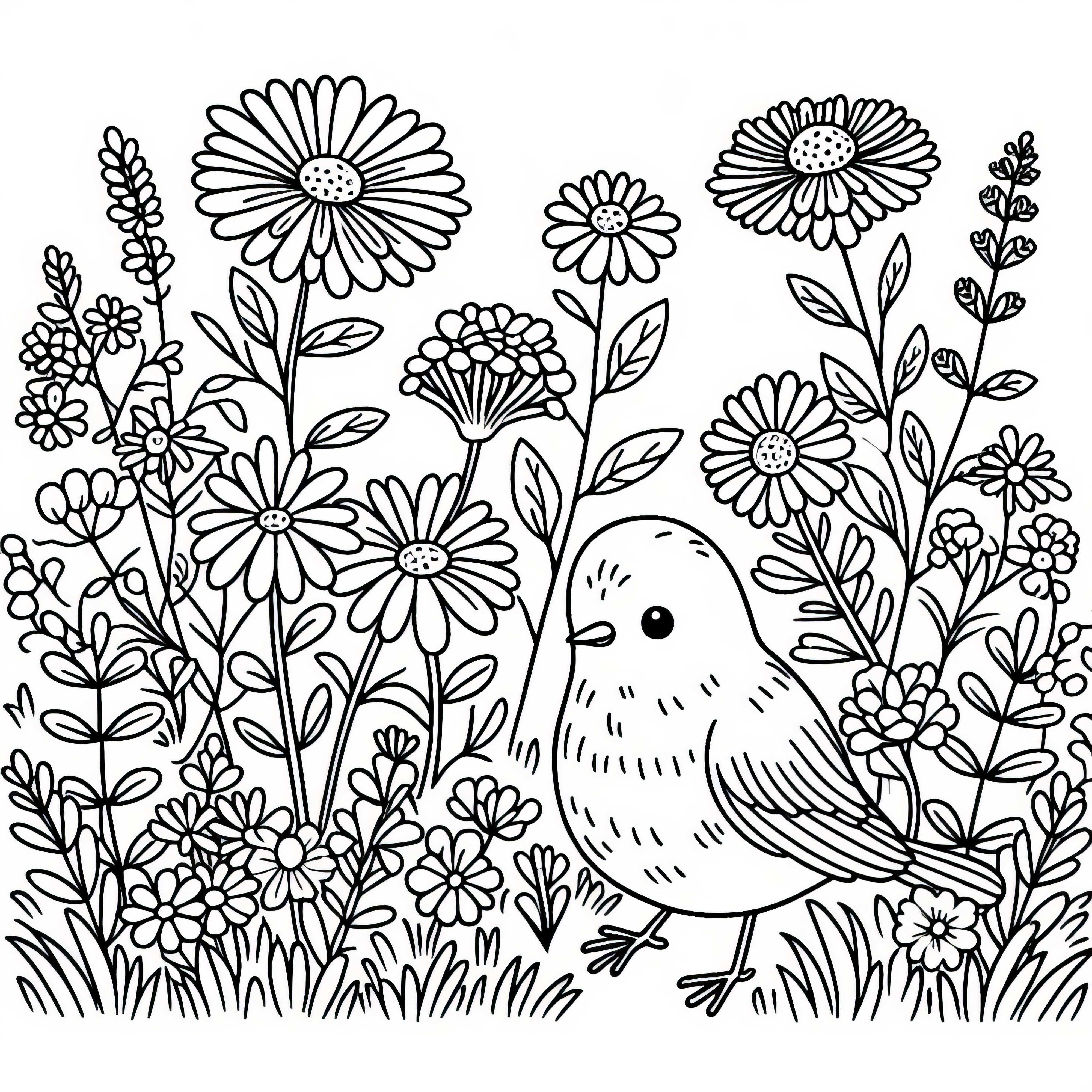 A madár a vadvirágok között ül a földön – Színezőlap ingyenesen