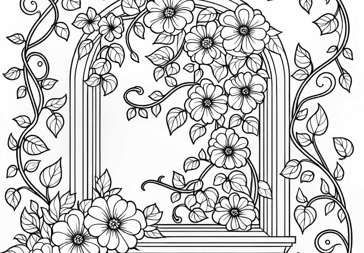 窓の周りに曲線の花のつるの無料塗り絵テンプレート