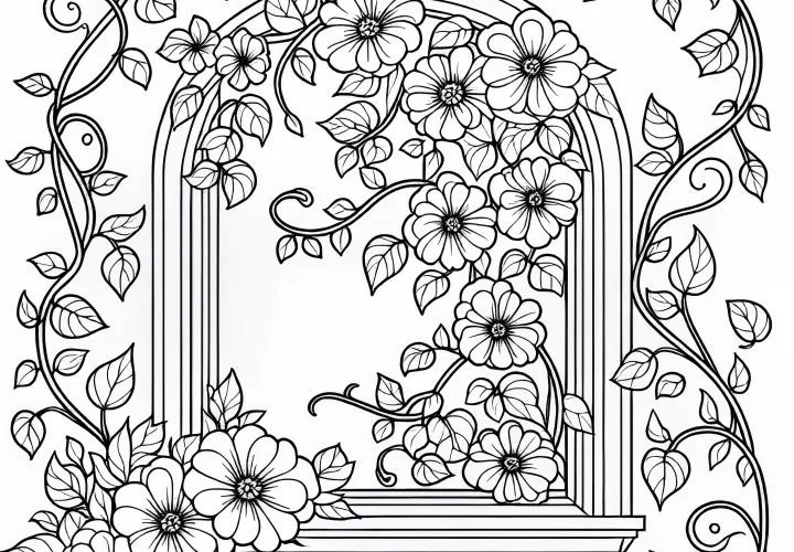 Květnatá vinice rámující okno - omalovánka zdarma