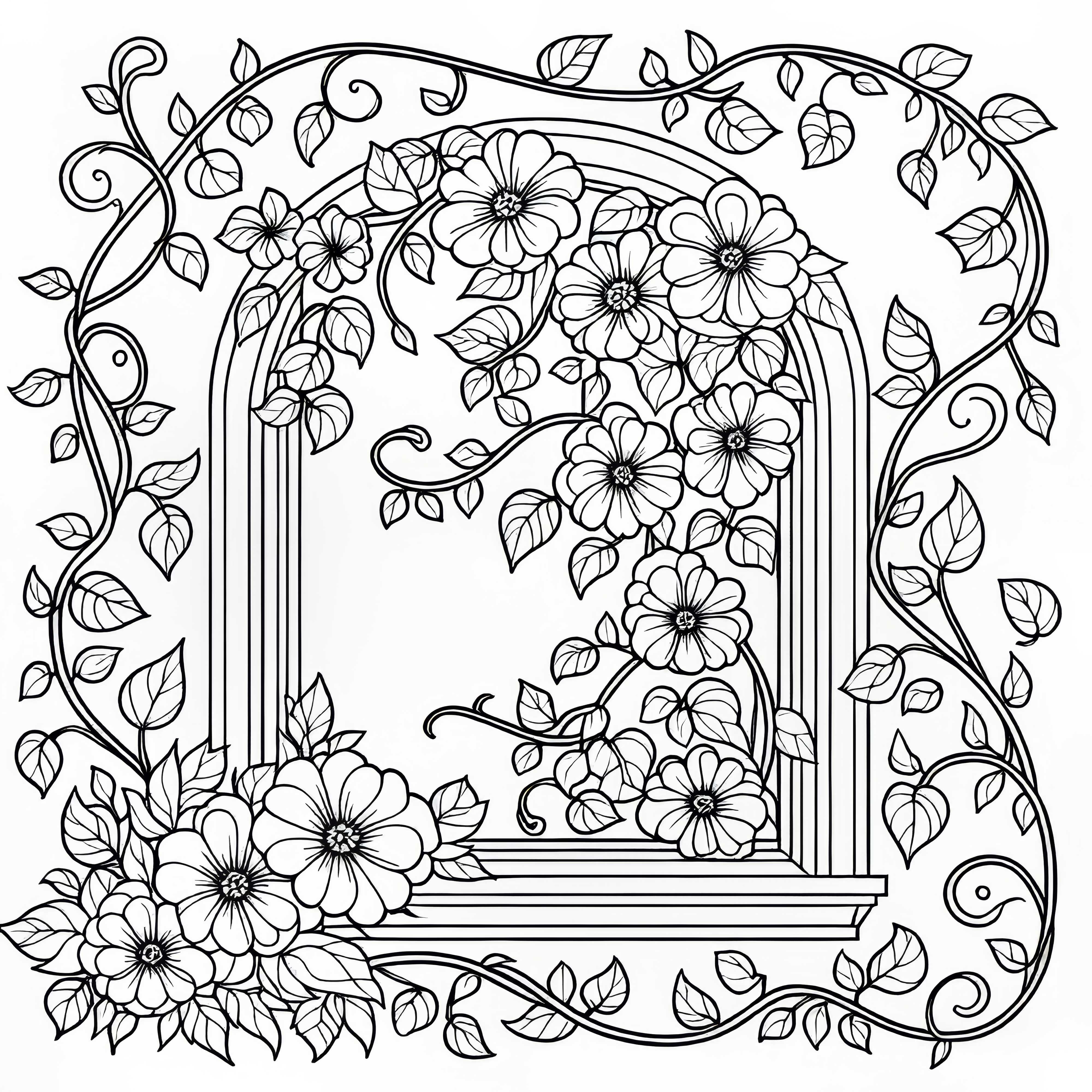 Curved flower vine surrounding window coloring template free Curved flower vine surrounds window coloring template free