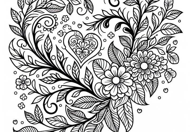 花のつるがハートを巻きつける - 無料塗り絵テンプレート