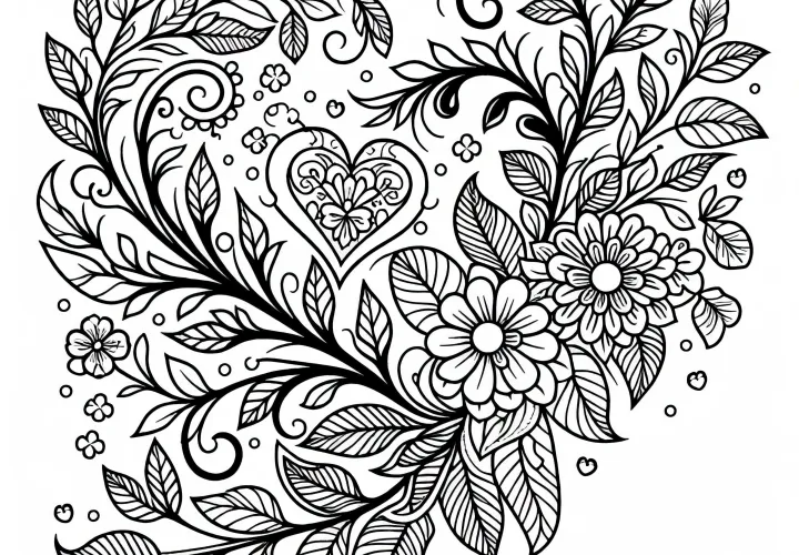 Květinová vinice se omotává kolem srdce – Malovací šablona zdarma