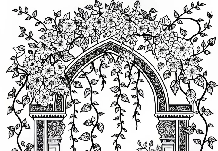 Květy popínají oblouk - omalovánka zdarma