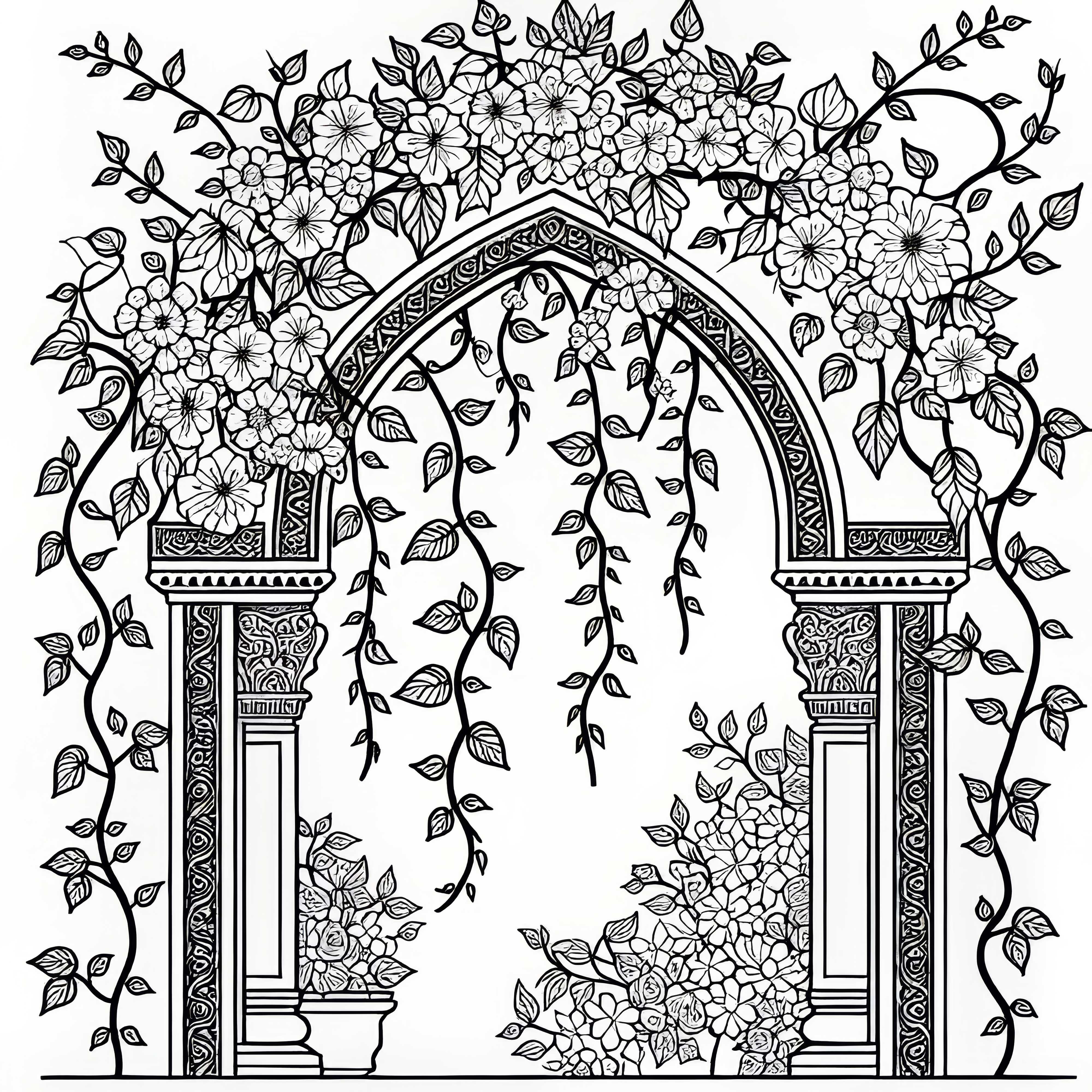 門のアーチを登る花のつる - 無料塗り絵 門のアーチに花の蔓が登っている - 無料の塗り絵