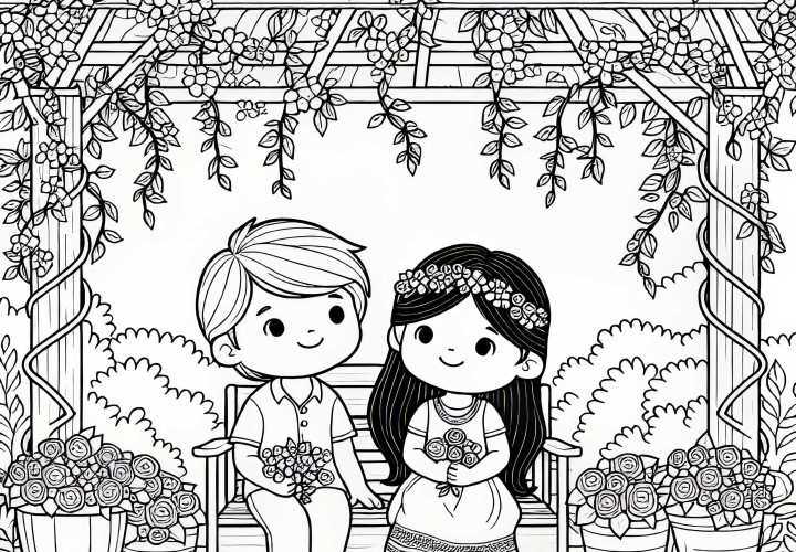 아이들이 덩굴이 있는 퍼골라 아래에 앉아 있습니다 – 무료 색칠하기 자료