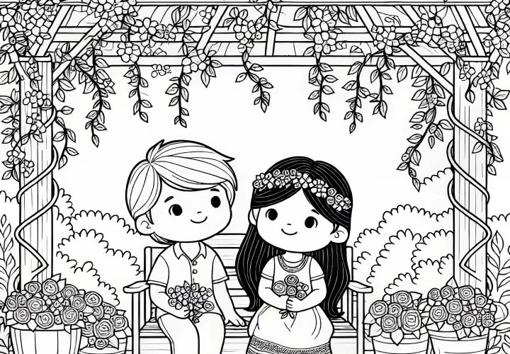 Děti sedí pod pergolou s popínavými rostlinami – omalovánka zdarma