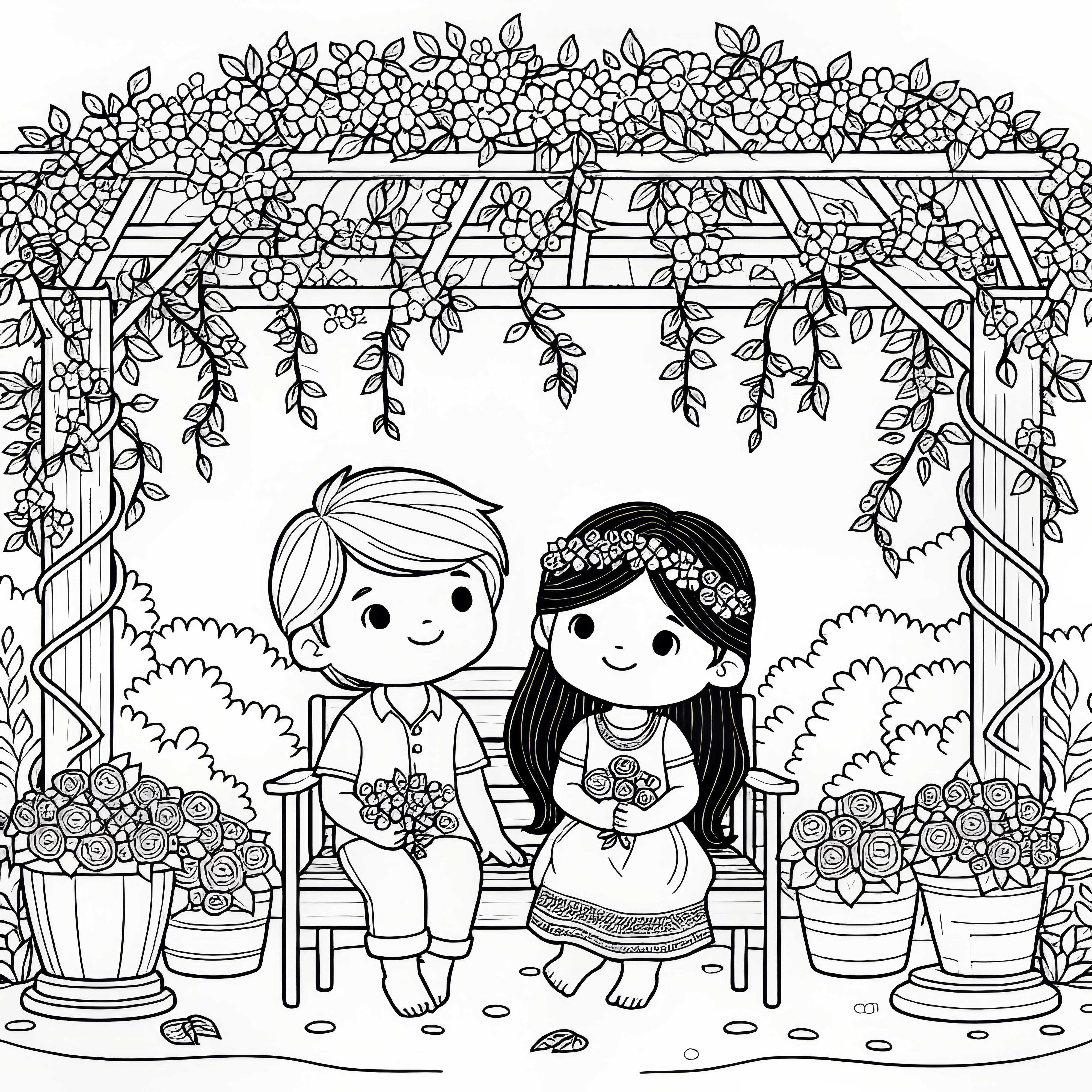 Children sitting under a pergola with vines - free coloring page Children sitting under a pergola with vines – Free coloring template