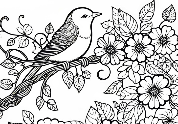 鳥が花咲く蔓に座っている - 無料の塗り絵