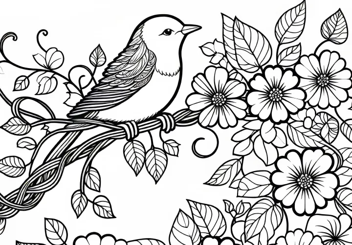 Pták sedí na kvetoucí popínavé rostlině – Omalovánka zdarma