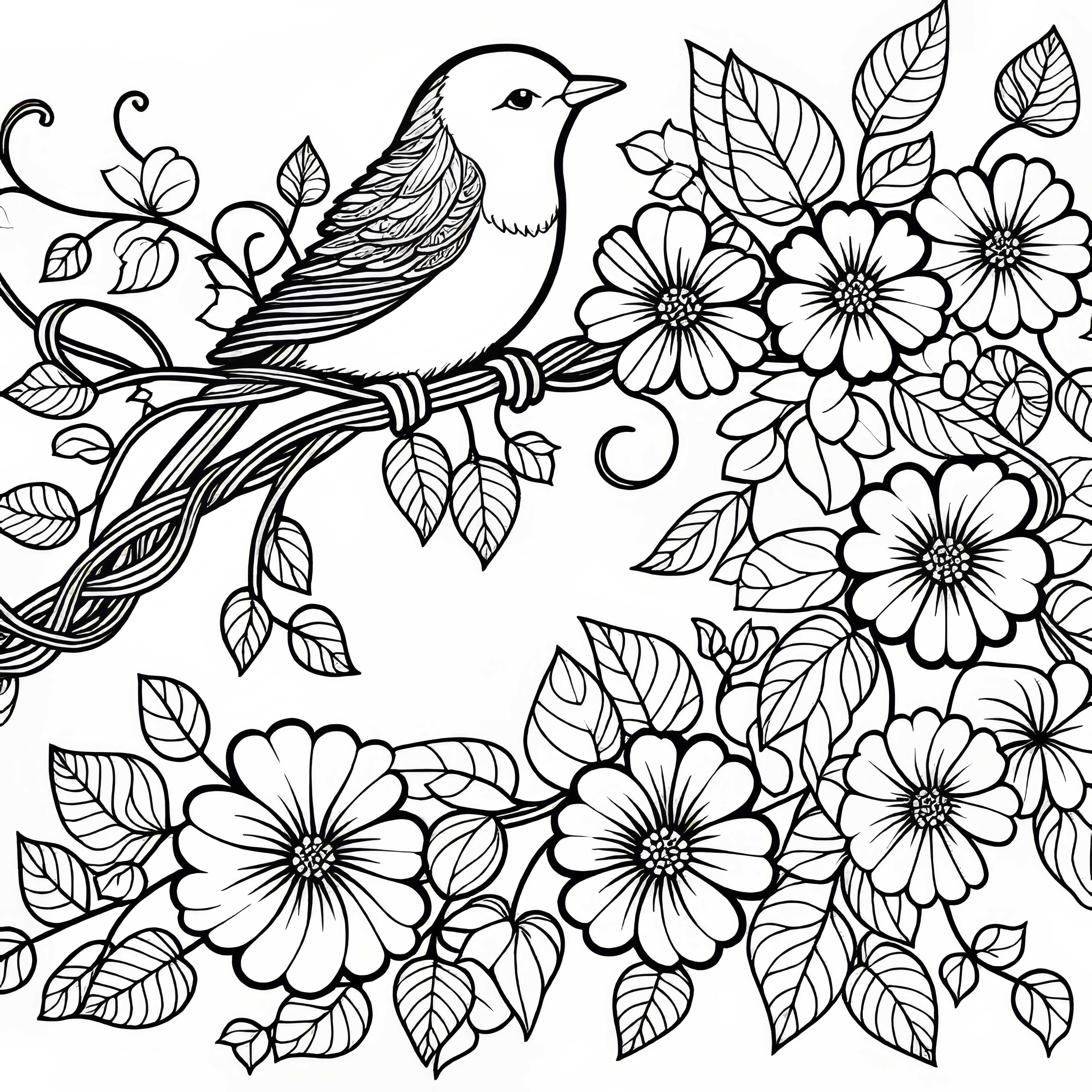 Bird sitting on a blooming vine – Free coloring page Bird sitting on a blooming vine - Free coloring page