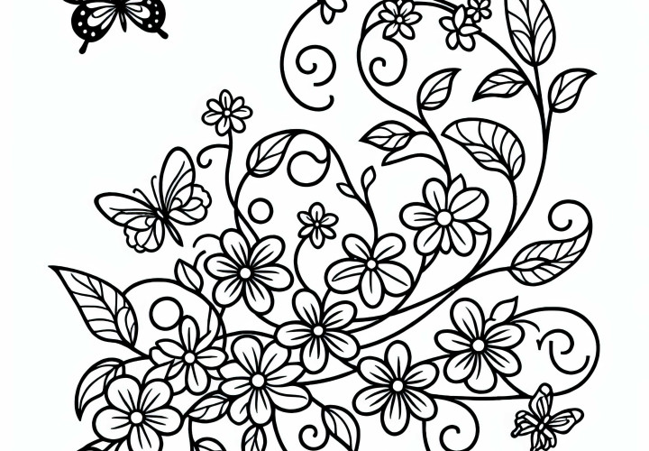 蝶と花のツル - 無料ぬりえ