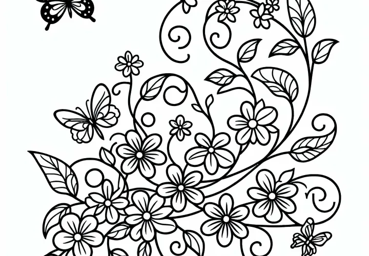 Květinový motiv s motýly - omalovánka zdarma