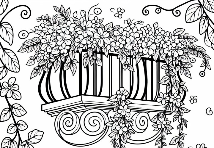 バルコニーから垂れ下がる花のツル – 無料の塗り絵
