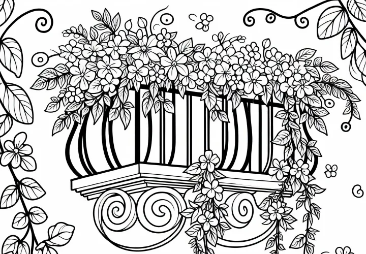 Květinové vávky visí z balkonu – omalovánka zdarma