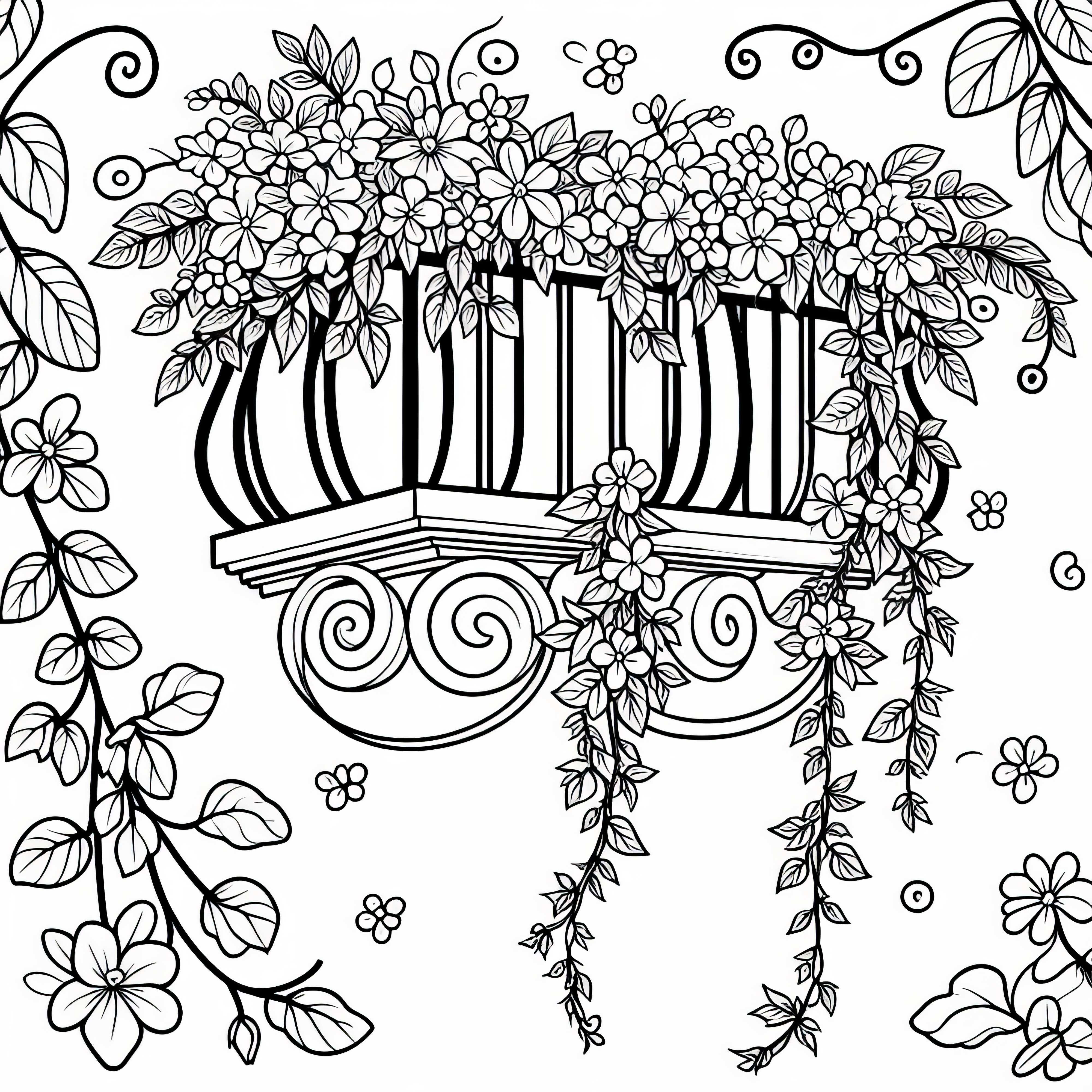 Květy visí z balkonu – zdarma omalovánka Květy visí z balkonu – barevná příloha zdarma