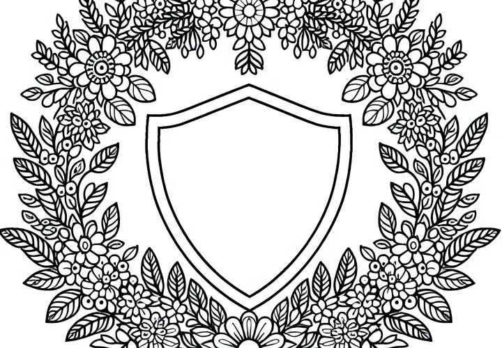Květinová vinice tvoří rám kolem štítu – barevná šablona zdarma