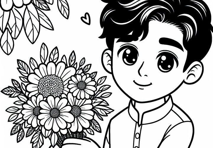 子供が手に花束を持っている – 無料ぬりえ