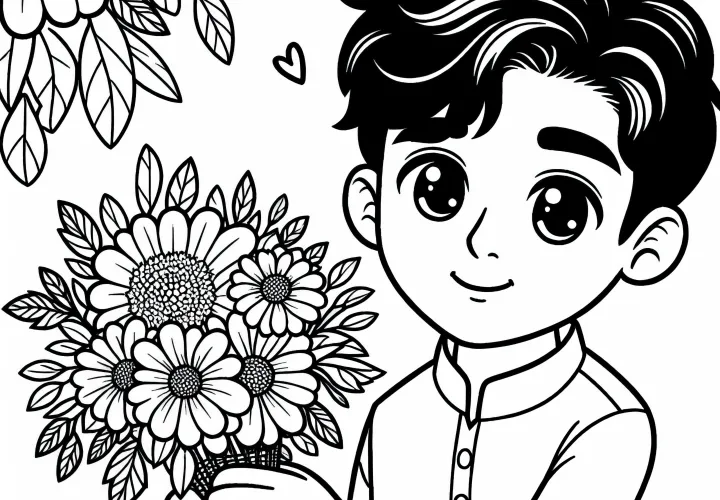 Kind hält Blumenstrauß in den Händen – Malvorlage gratis