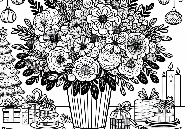 Großer Blumenstrauß auf festlich gedecktem Tisch – Ausmalbild kostenlos