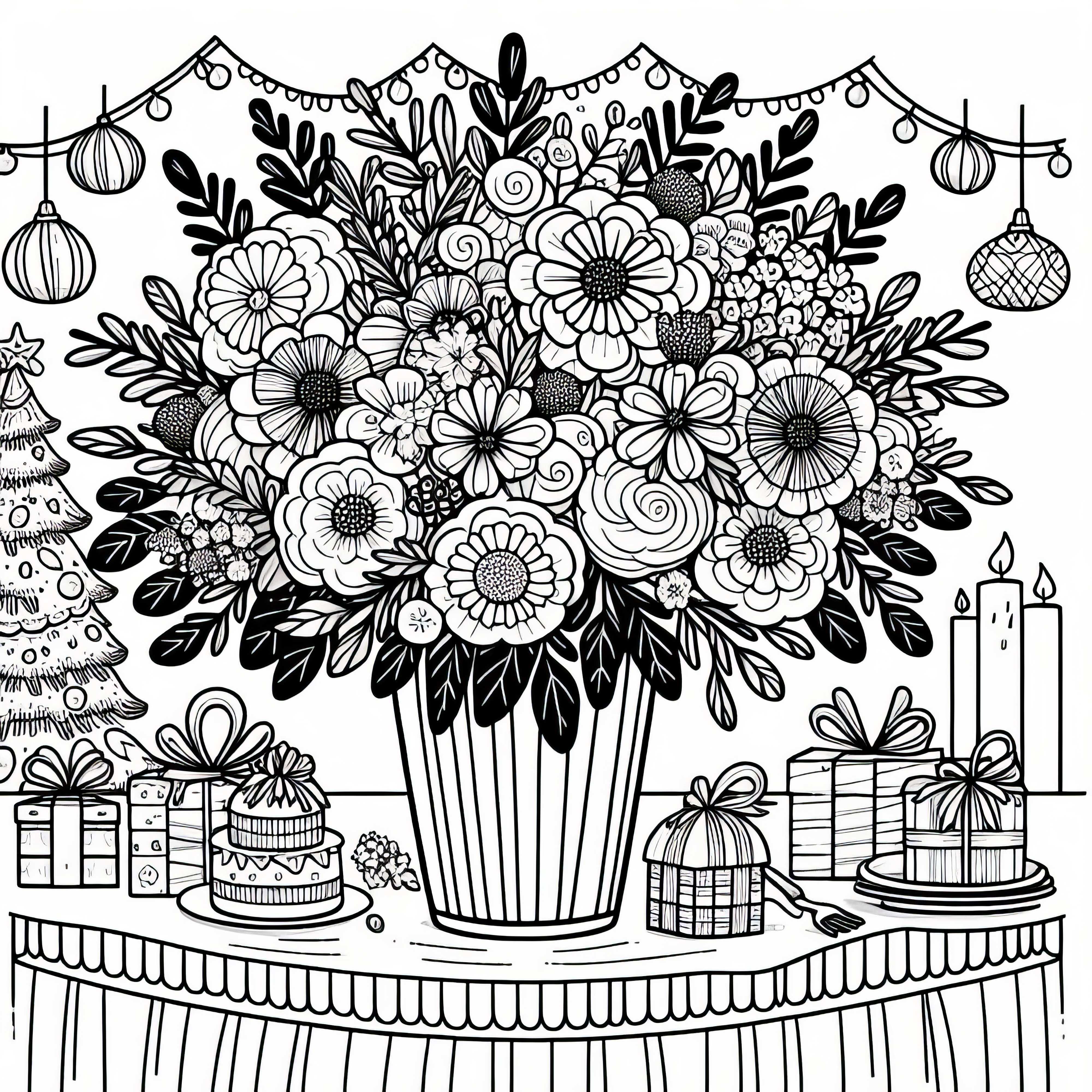 화려하게 차려진 테이블 위에 큰 꽃다발 – 무료 색칠하기 그림